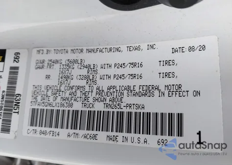 2020 Toyota Tacoma Sr from USA, damaged, VIN 5TFAX5GN6LX186380